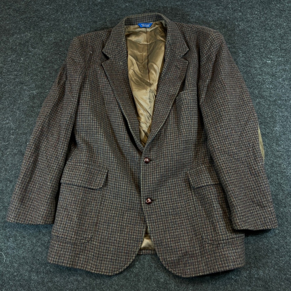 VTG 80s Pendleton Jacket Men 44 Long Brown Houndstooth Virgin Wool Elbow Patches